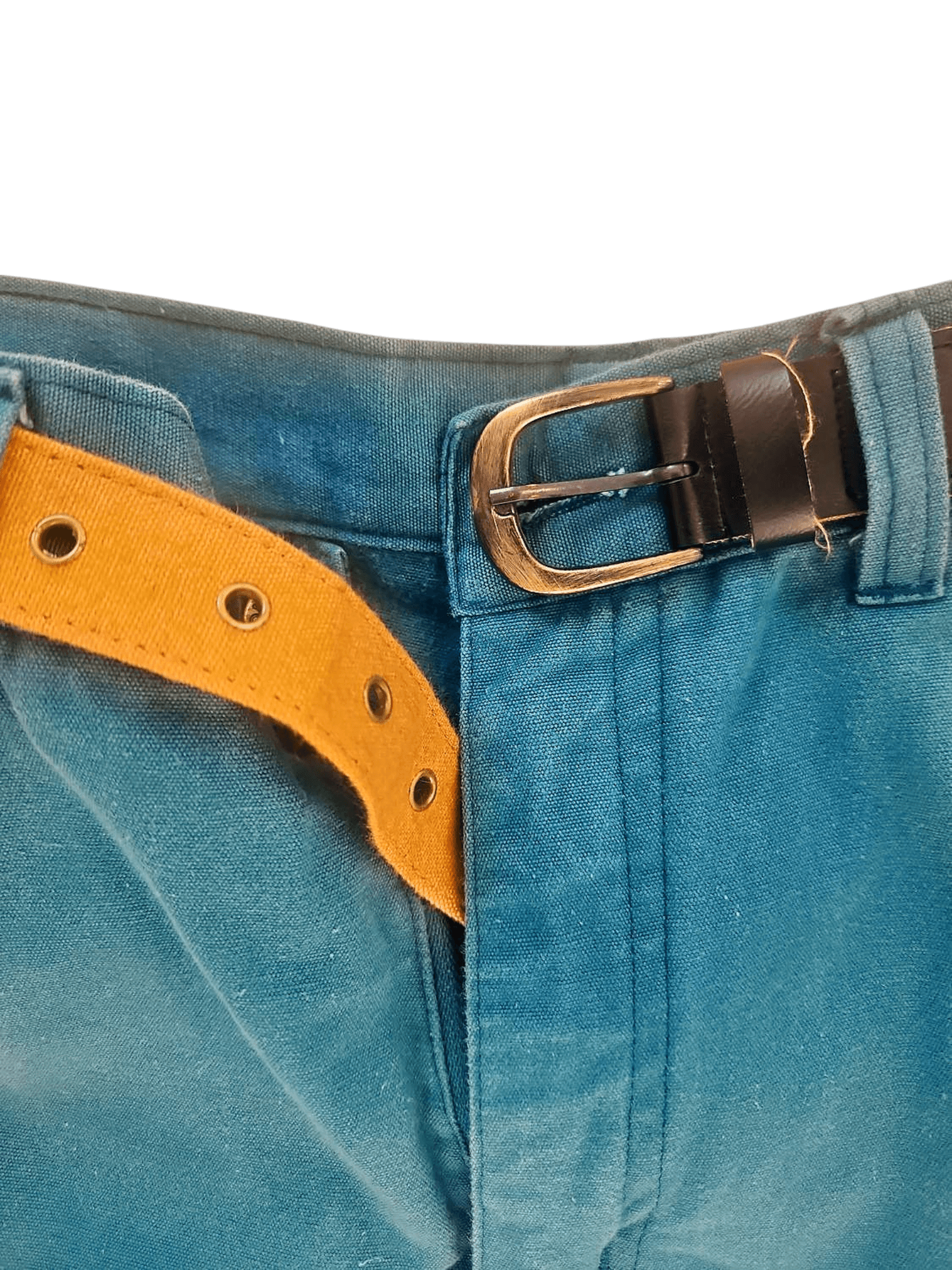 Men's Teal Blue Cotton Trousers with Brown Leather Belt 2