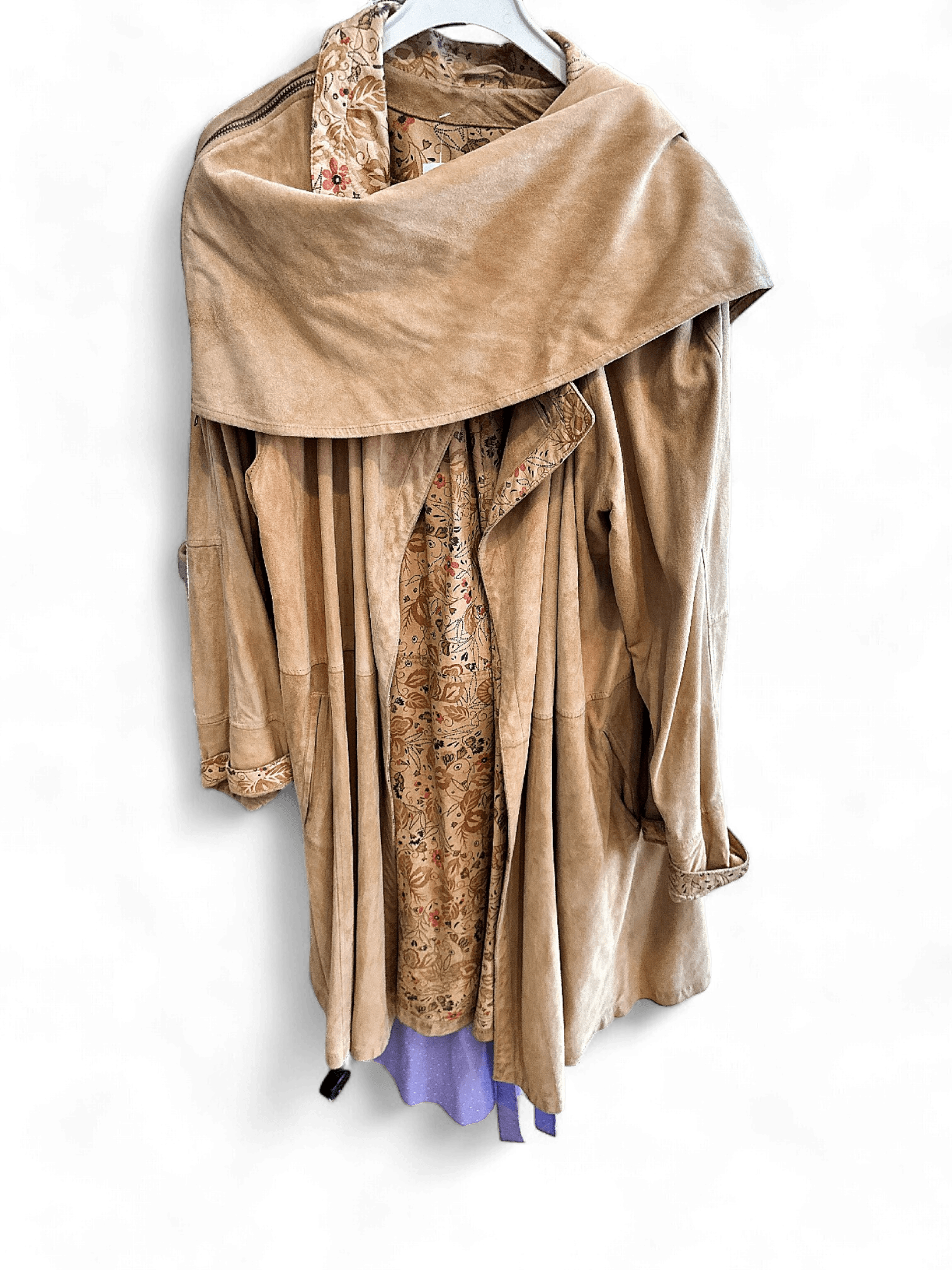 Chic Suede Trench Coat with Floral Lining 2