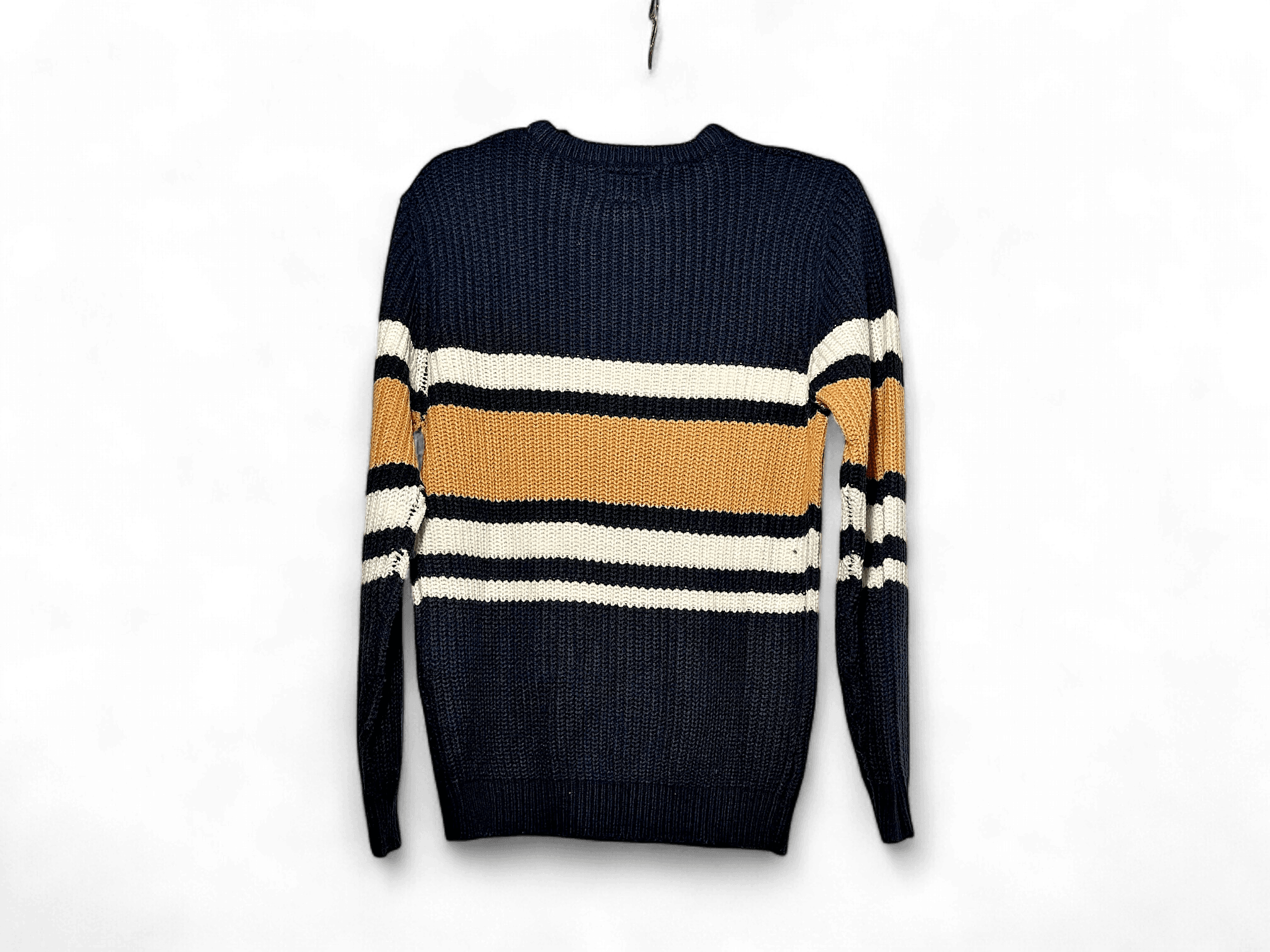 Modern Striped Cotton Knit Sweater - Navy, White, and Mustard 2