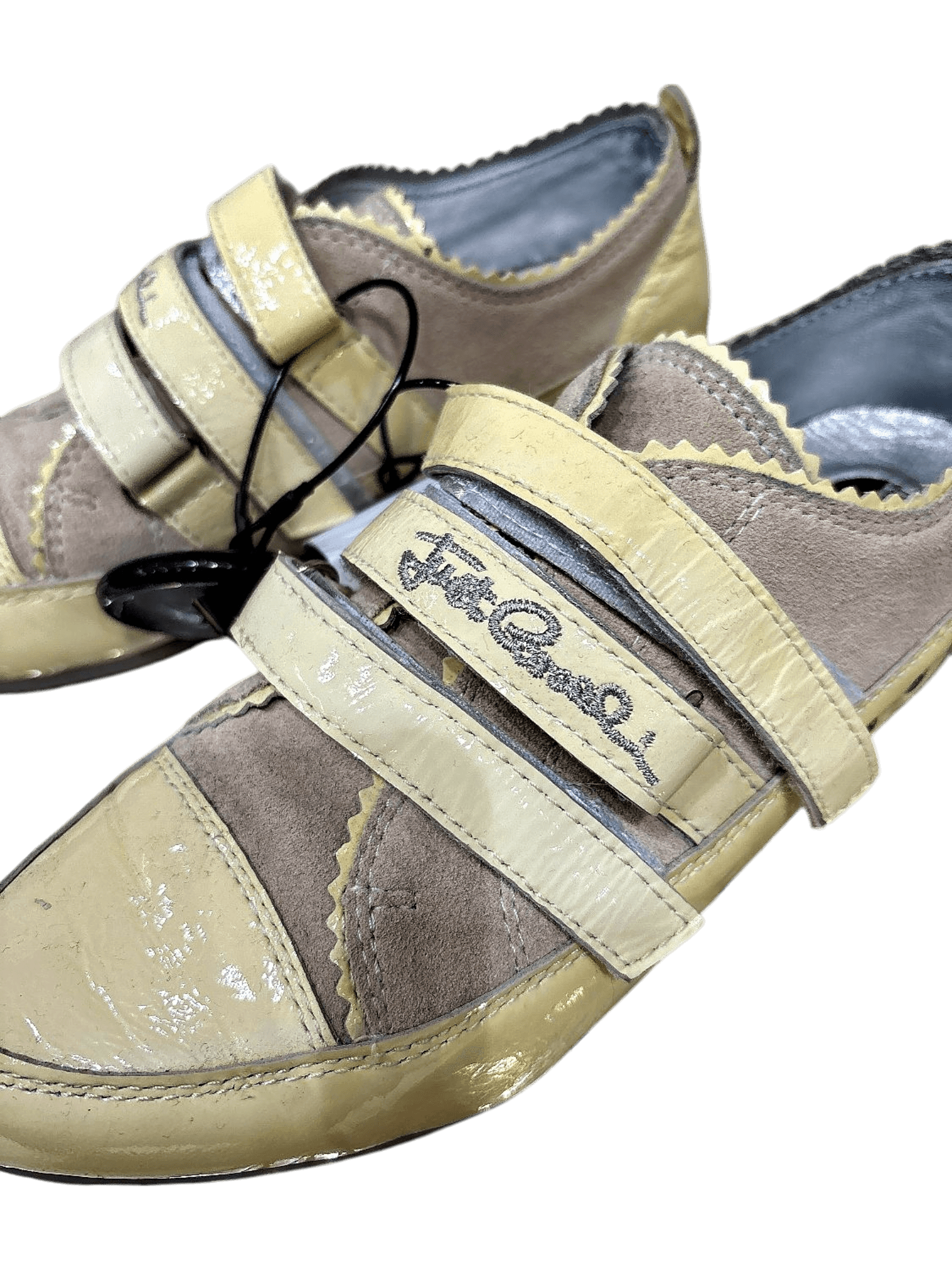 Just Cavalli Cream & Grey Leather Velcro Flats - Size 36 2