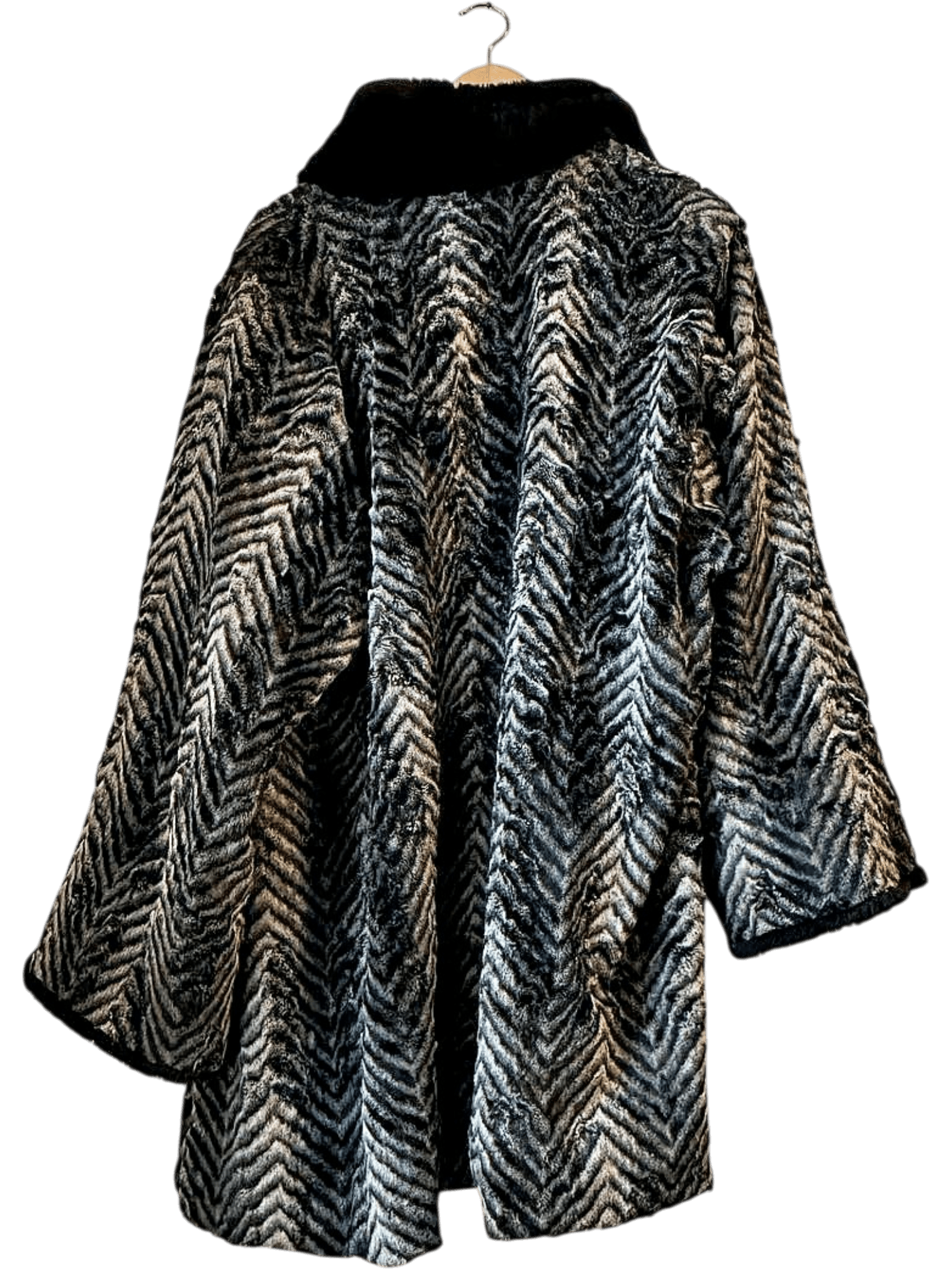 Vintage Daville Paris Faux Fur Coat - Black & Grey Herringbone Pattern 2