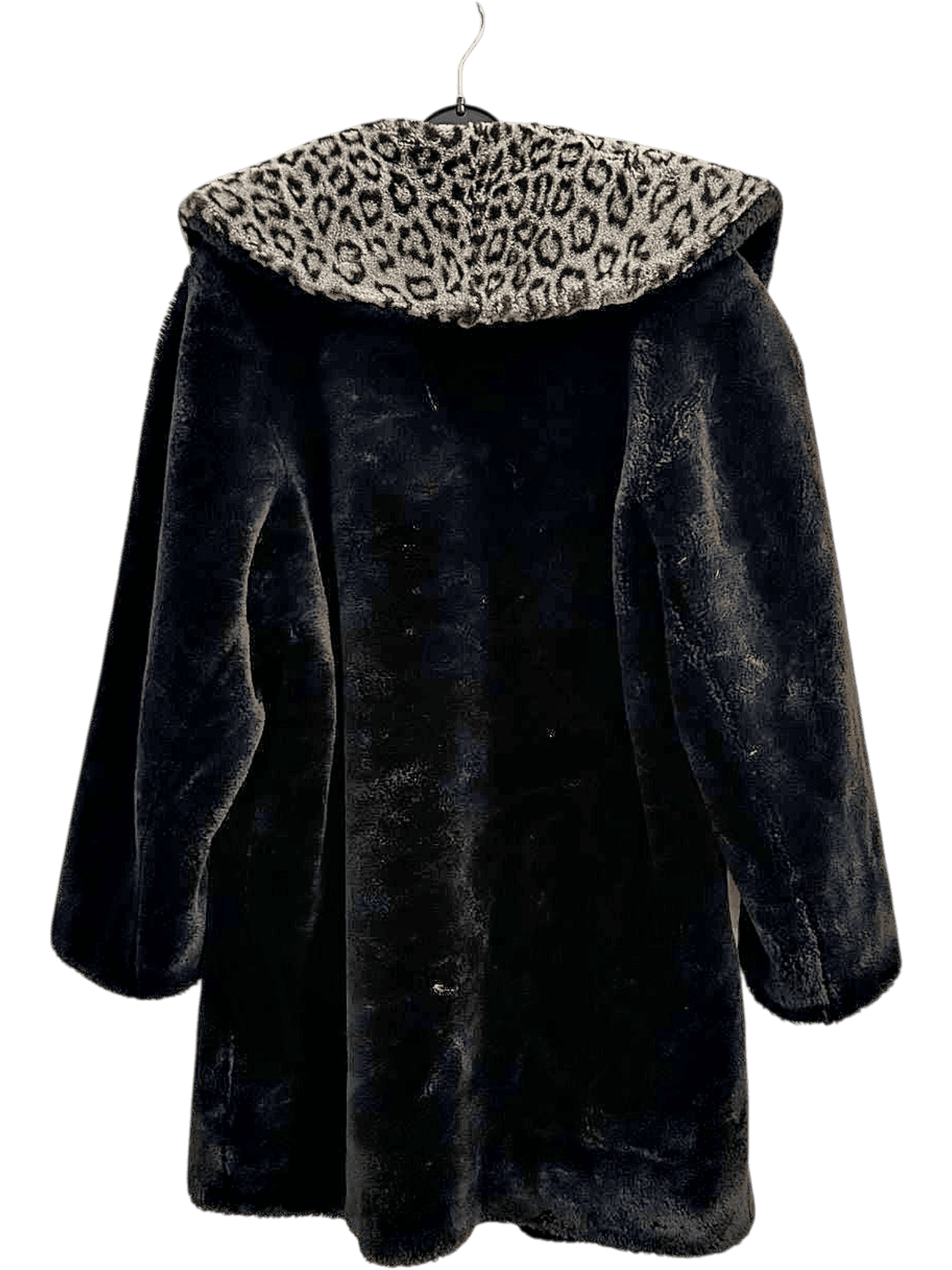 Elegant Black Faux Fur Coat with Leopard Print Collar 2