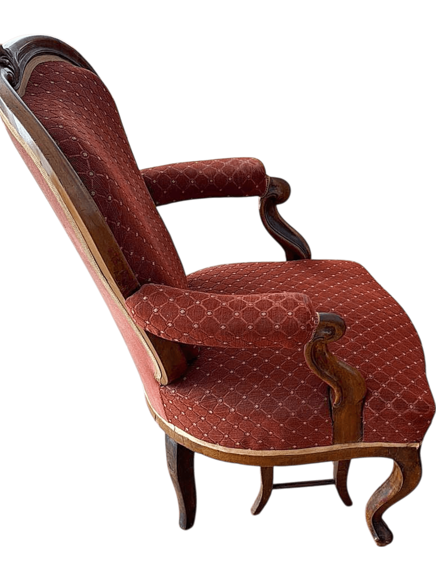 Antiker Sessel mit rotem Stoffbezug und geschwungenen Holzbeinen 1