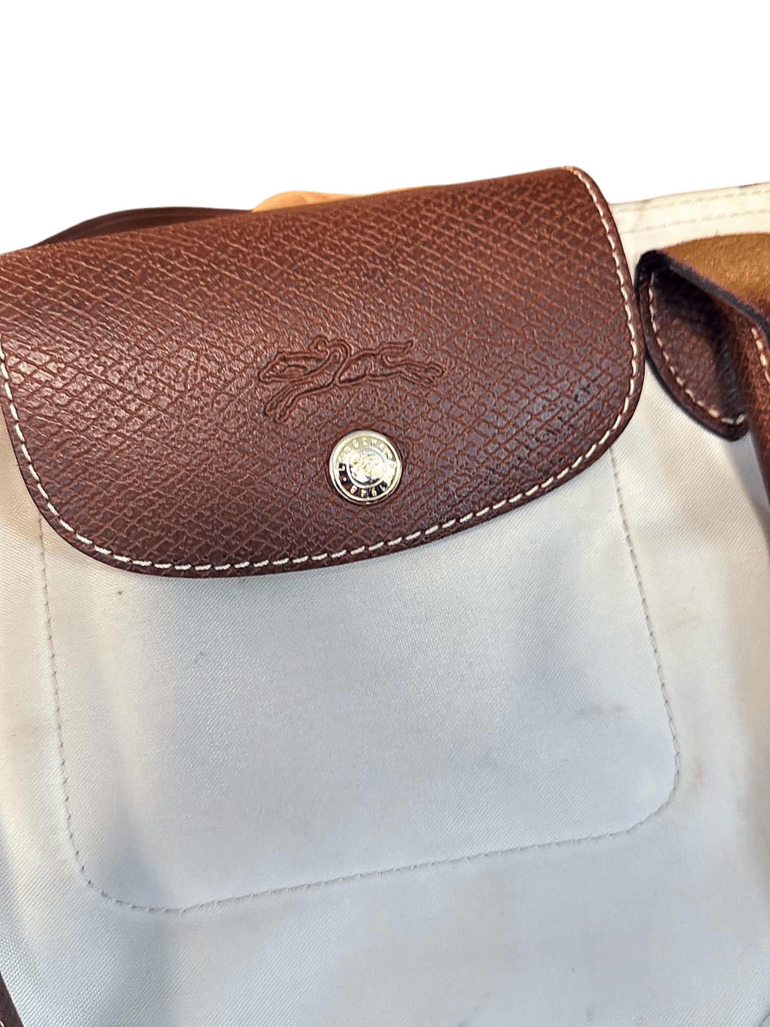 Longchamp Le Pliage große beige Schultertasche mit braunen Lederdetails 3