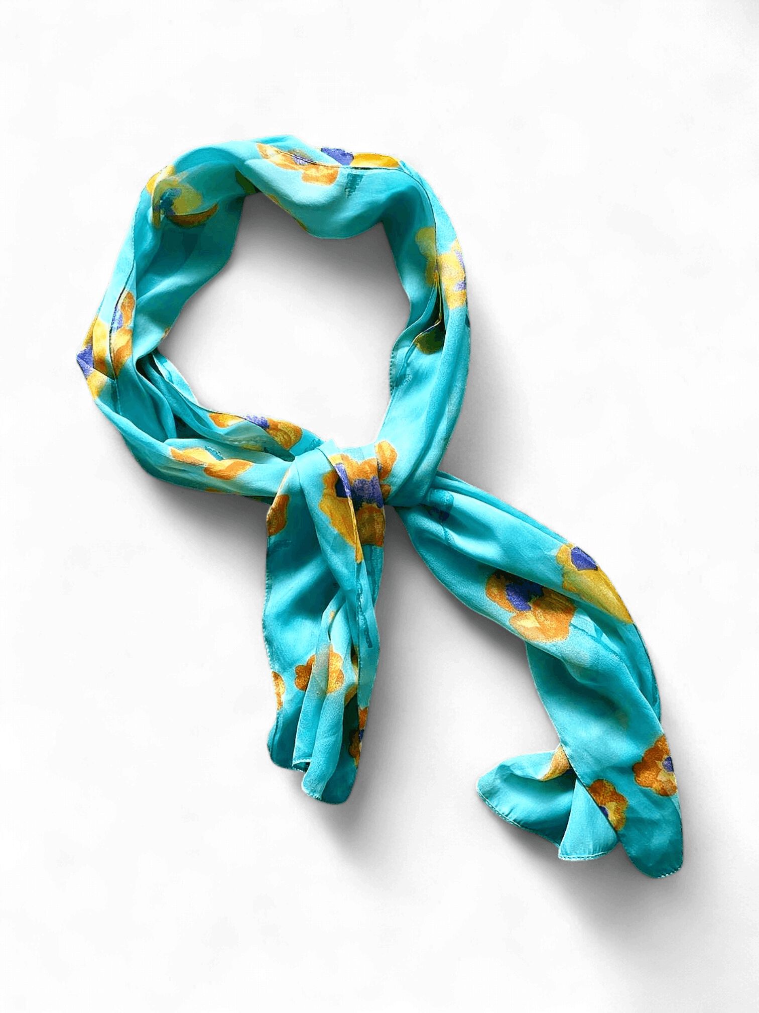 Turquoise Floral Print Silk Scarf - Yellow & Purple Flower Pattern 3
