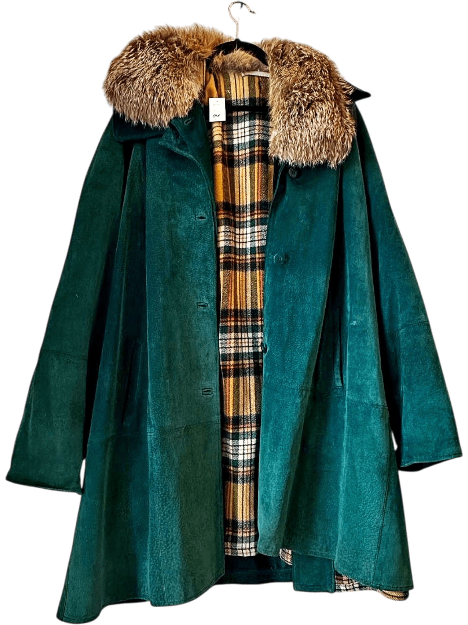 Vintage Green Leather Coat with Fur Collar and Plaid Lining 1