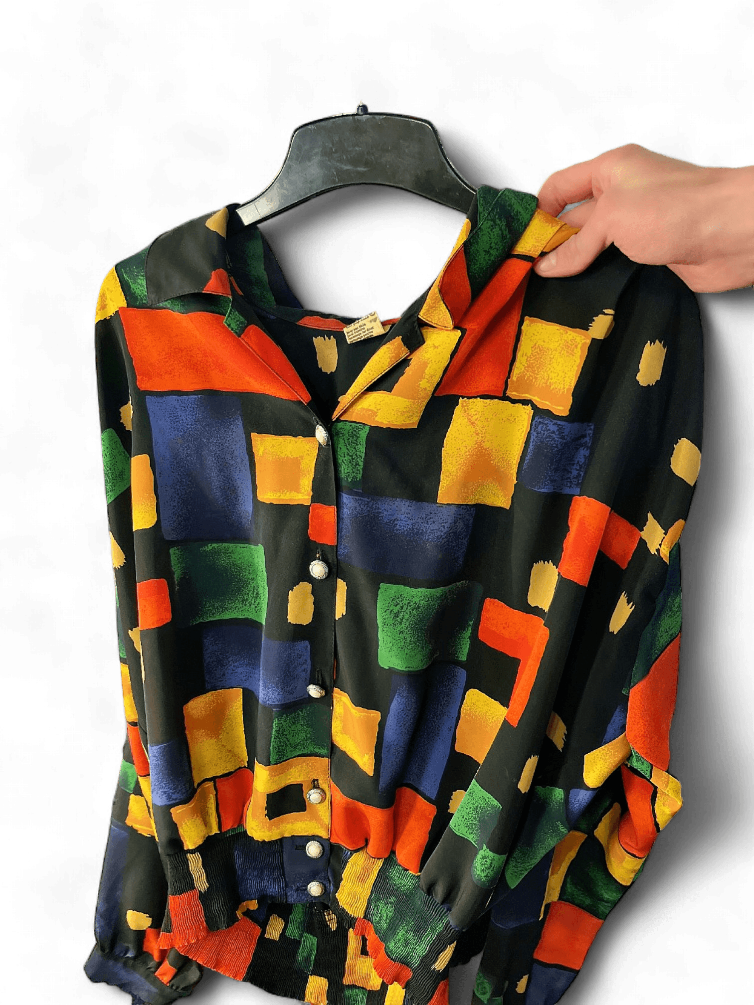 Vintage Silk Colorblock Abstract Print Blouse 1