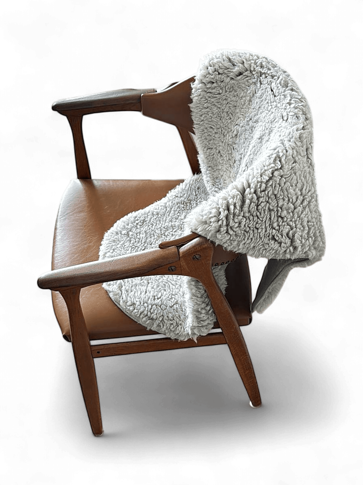 Mid-Century Wooden Armchair with Leather Seat and Sheepskin Throw 2
