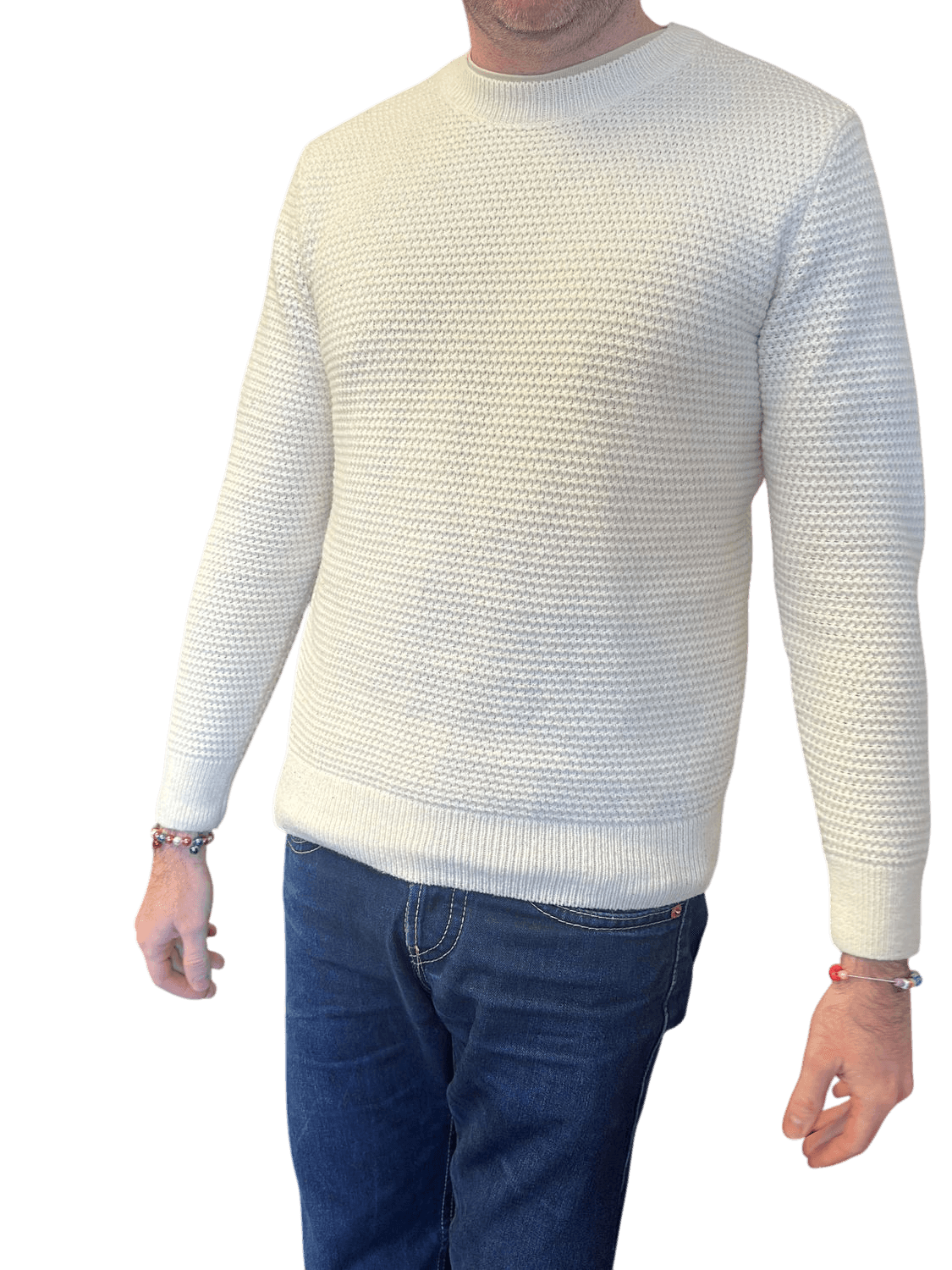 Men's White Textured Knit Sweater - Crew Neck 2