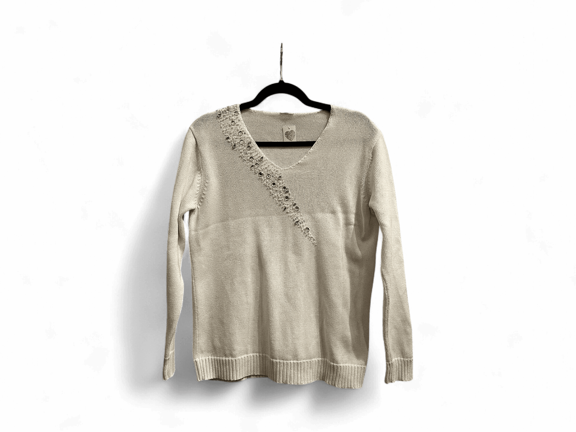 White Cotton V-Neck Sweater with Decorative Trim 1