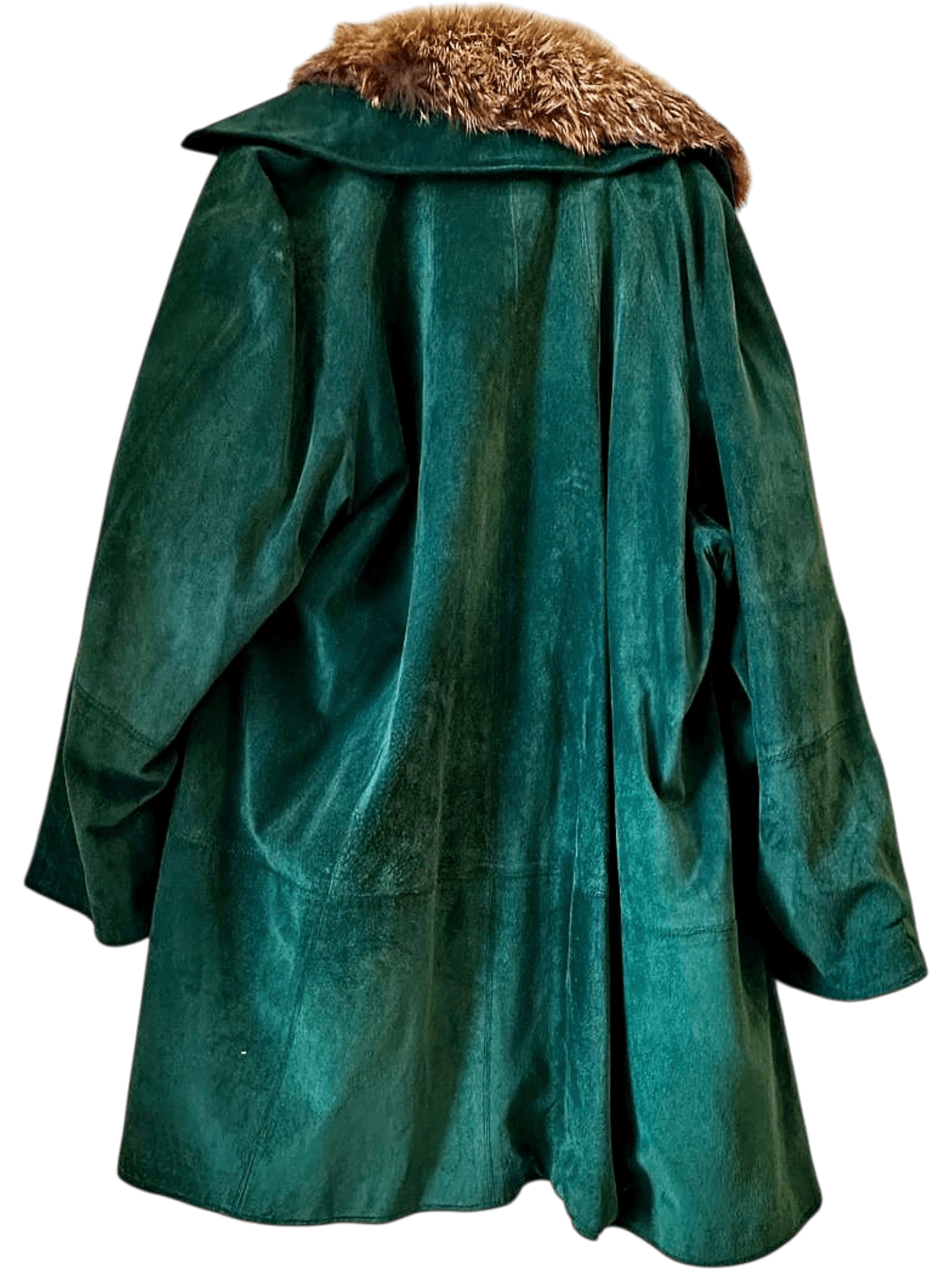 Vintage Green Leather Coat with Fur Collar and Plaid Lining 2