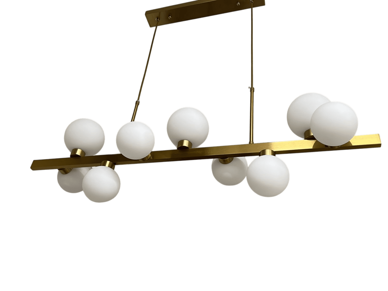 Modern Linear Chandelier with White Globe Shades and Gold Finish 2