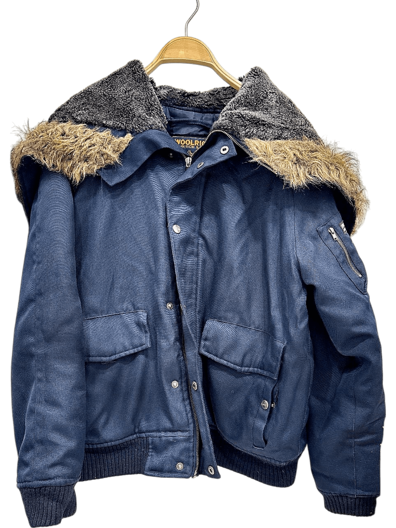 Woolrich Navy Blue Bomber Jacket with Fur Hood - Size 46 1