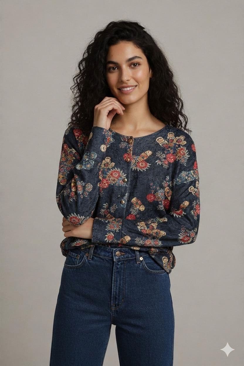 Vintage Floral Patterned Long Sleeve Sweater 1