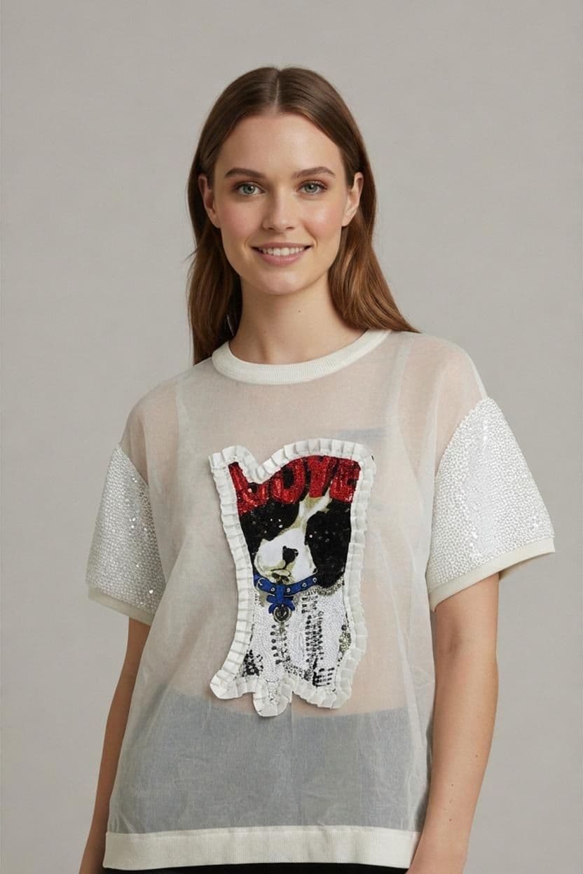 Sequined Cat T-Shirt - Size M 1