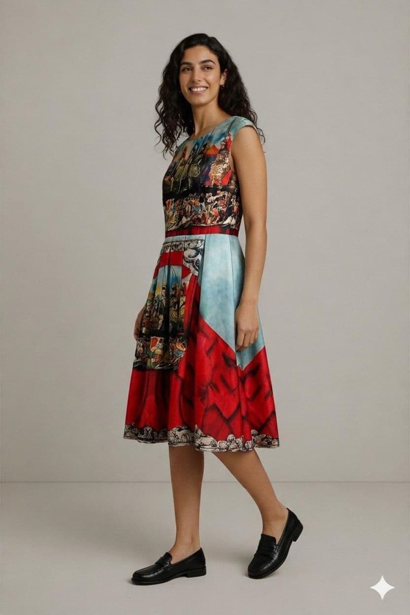Swallow Hu Renaissance Warrior Print Midi Dress - Size L