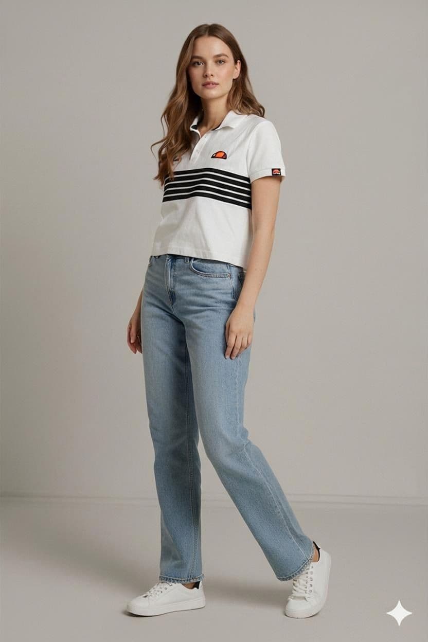 Ellesse Damen Crop Polo-Shirt - Weiß mit Navy Streifen - Größe UK 8/EU 36 1