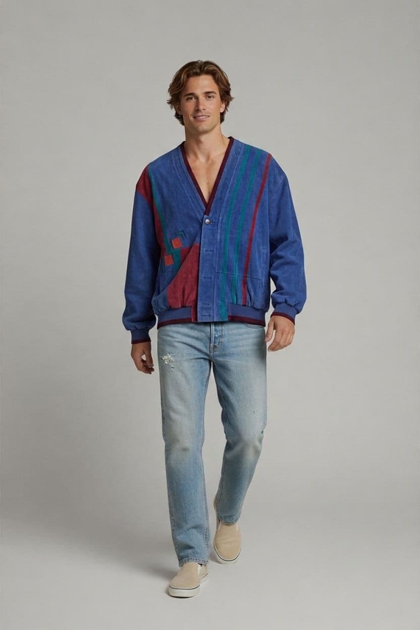 Vintage Zaspel Suede Bomber Jacket - Blue & Burgundy Colorblock Design 1