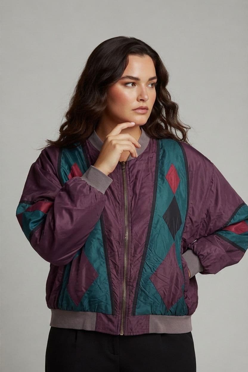 Vintage 100% Silk Bomber Jacket - Colorblock Geometric Pattern 1