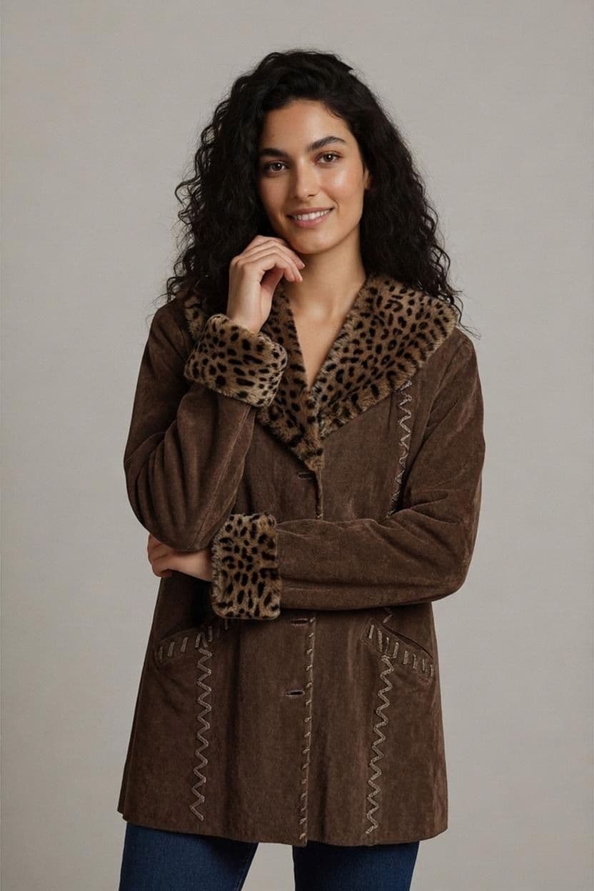 vintage 90s DINO'Z Brown Suede Coat with Leopard Print Fur Trim - Size 40 1