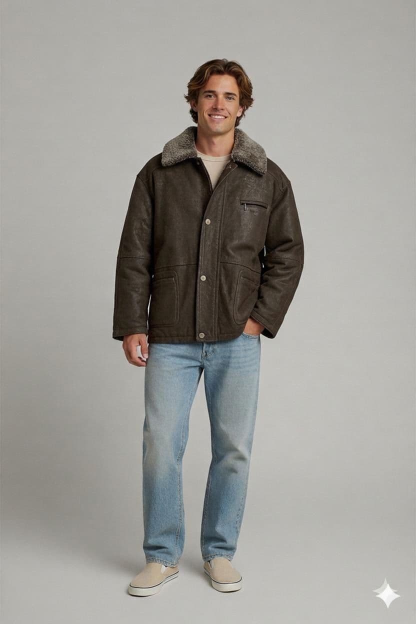 Camel Collection Brown Leather Jacket with Fur Collar - Size 54 2