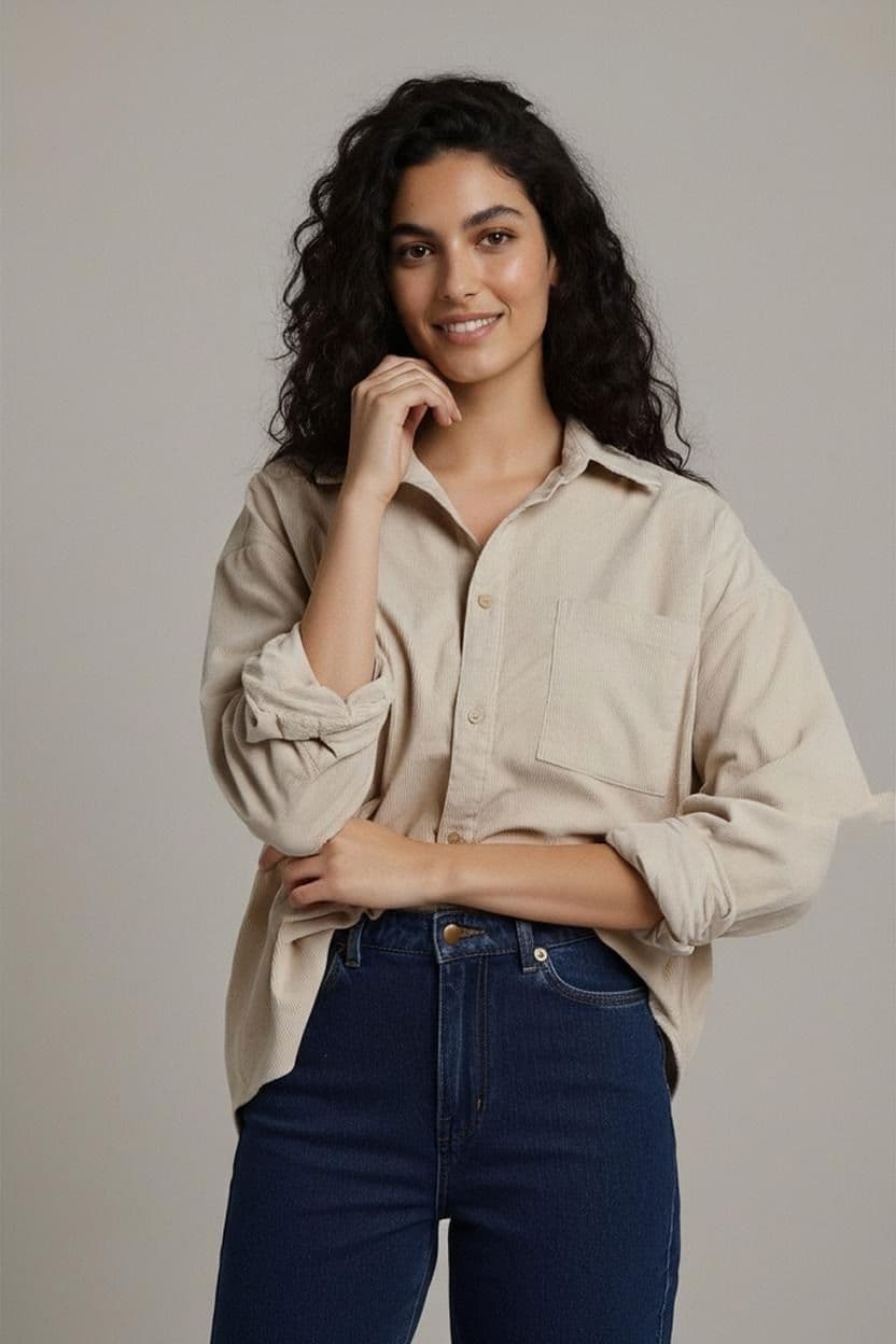 H&M Relaxed Fit Beige Corduroy Button-Down Shirt