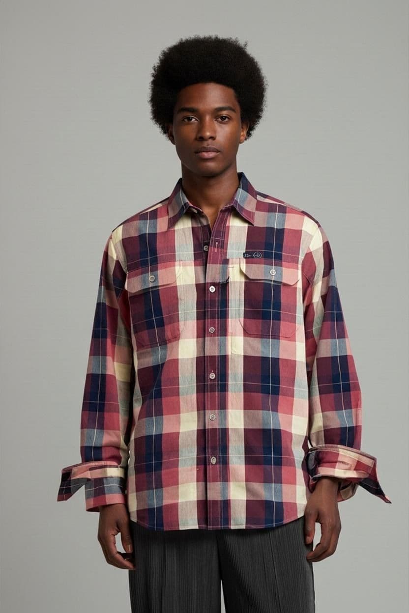 Checkered Button-Down Shirt and Black T-Shirt Set