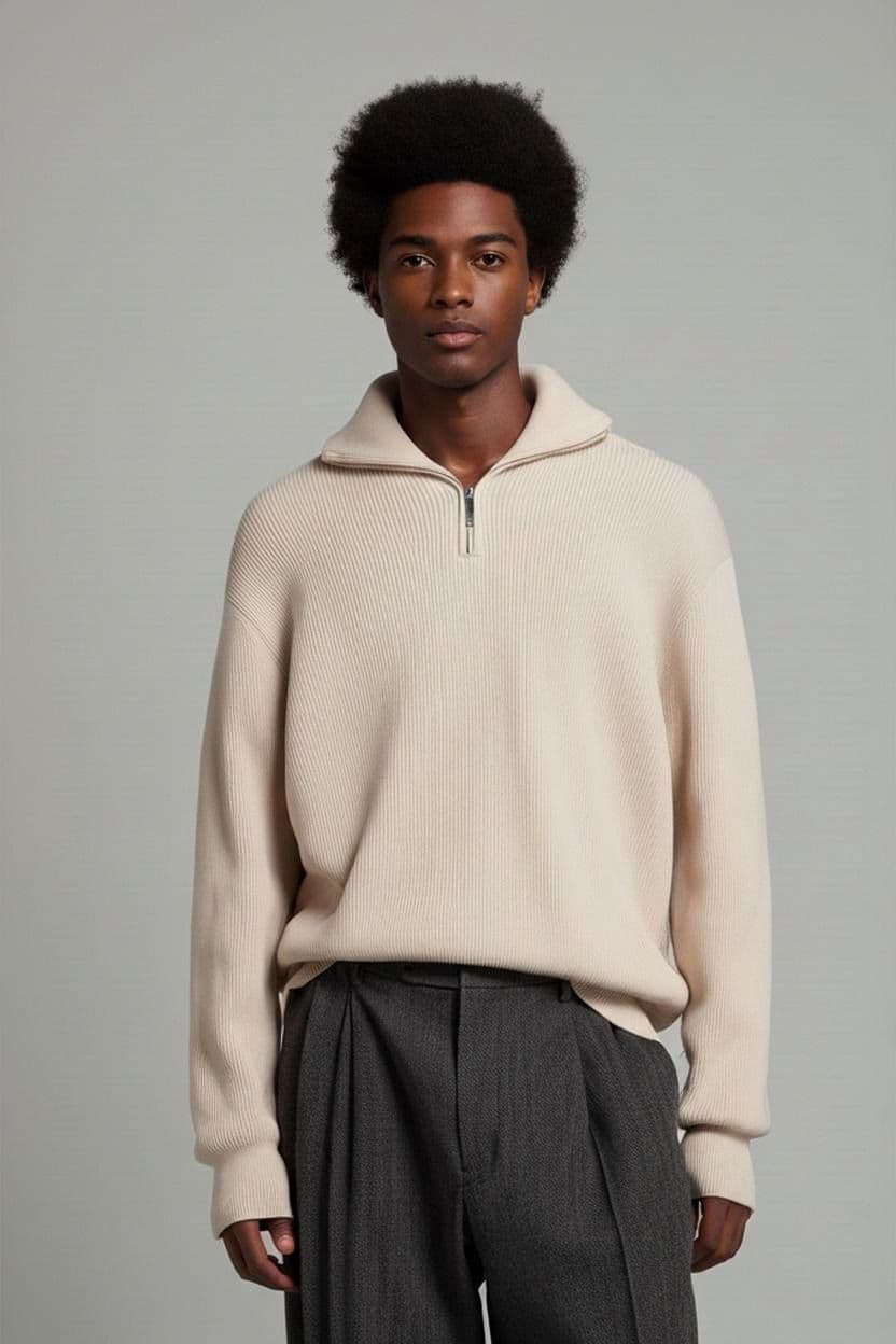 Beige Ribbed Turtleneck Sweater with Quarter Zip 1