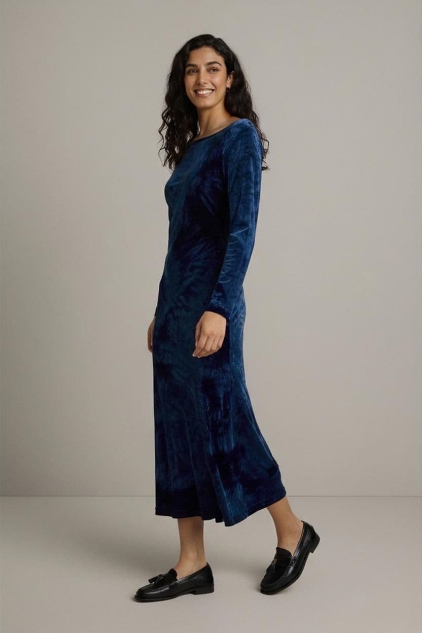 Vintage 90s Lapis Blue Tie Dye Velvet Midi Dress - Size S 1