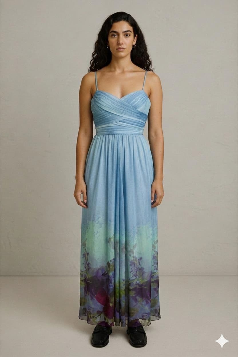 Aidan Mattox Blue Ombre Floral Maxi Dress with Silk Lining