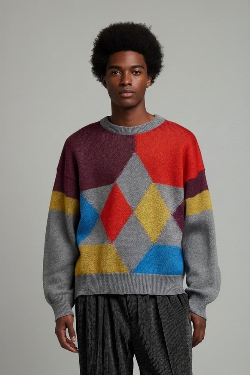 Colorful Geometric Pattern Wool Blend Sweater - Size M 1