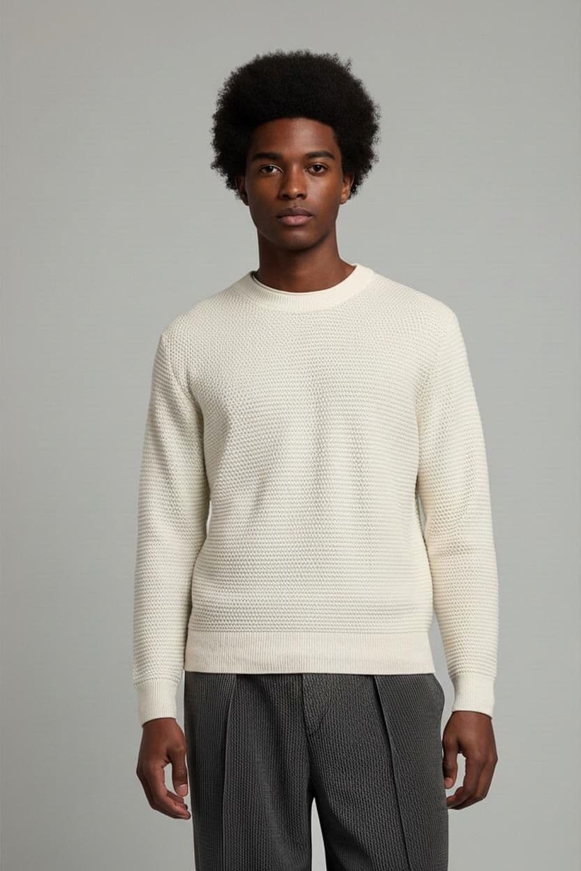 Men's White Textured Knit Sweater - Crew Neck 3