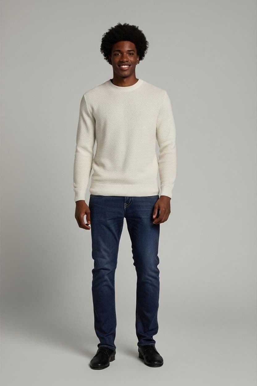 Men's White Textured Knit Sweater - Crew Neck