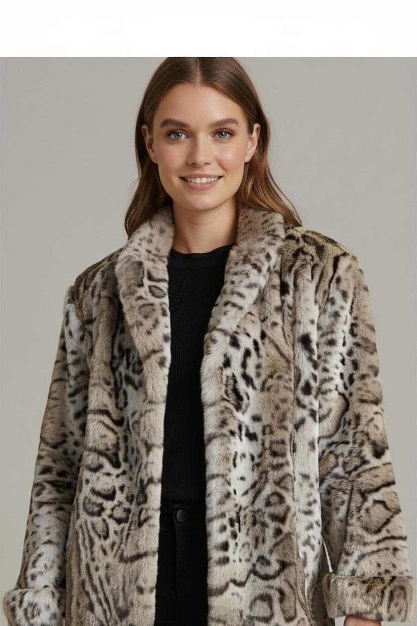 Vintage 80s Veronica Snell Design Leopard Print Faux Fur Coat - Size L - Made in Sweden 1