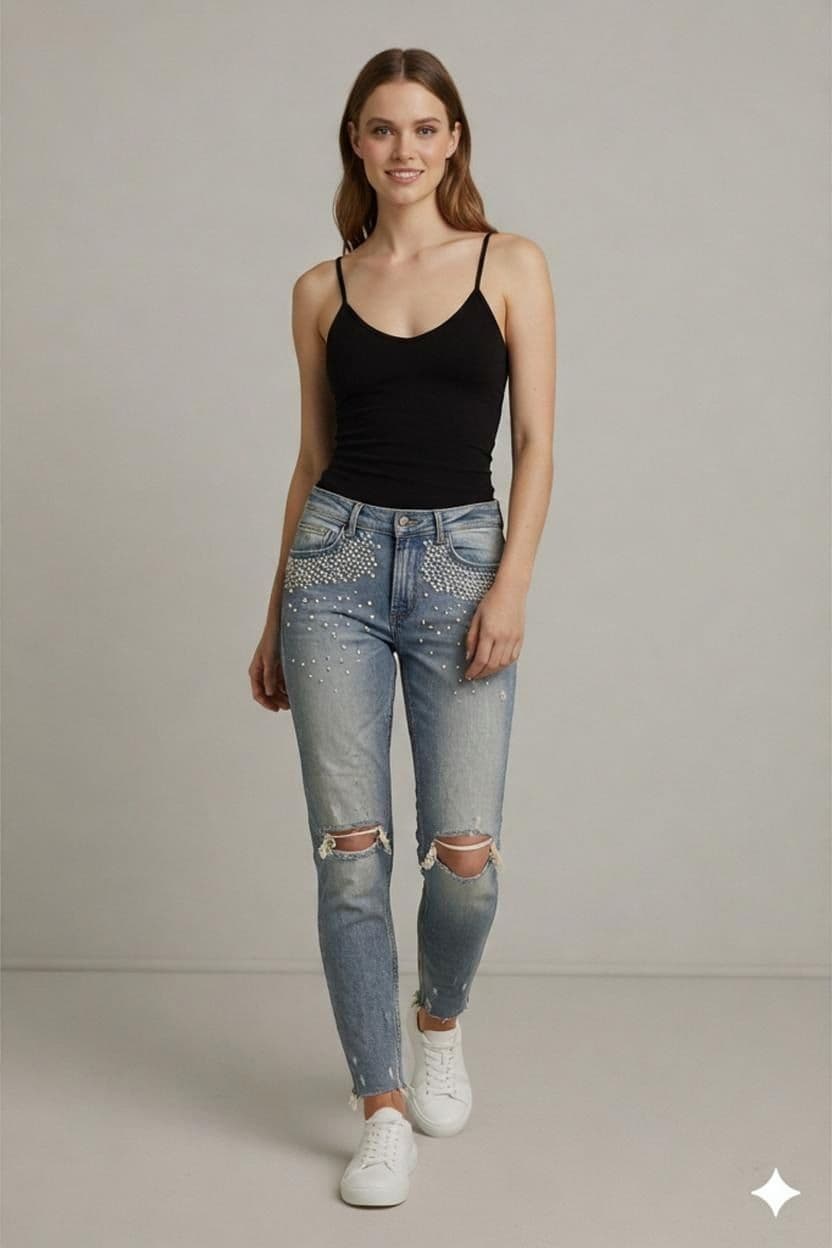 Light Blue Denim Jeans with Pearl Embellishment - Distressed Knee Detail 1