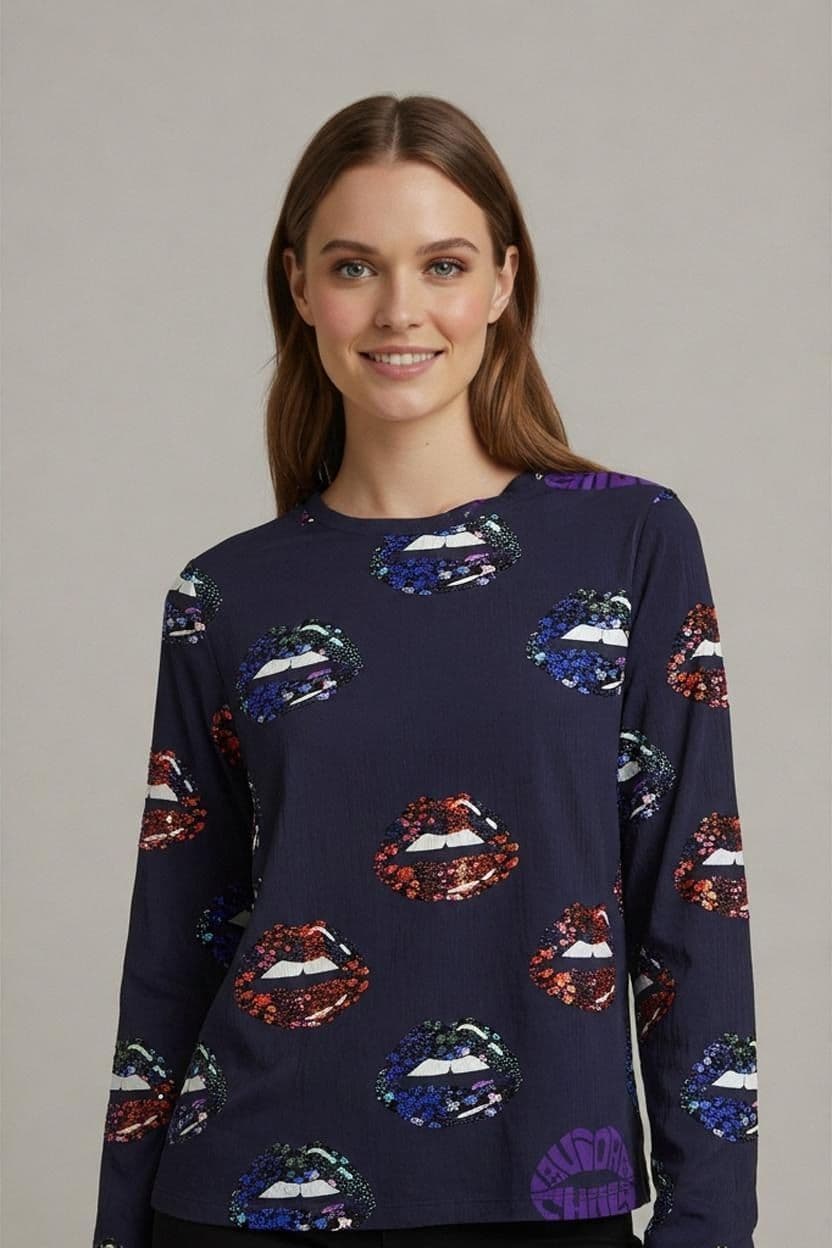 Desigual Purple Lip Print Long Sleeve Top - Size S 1