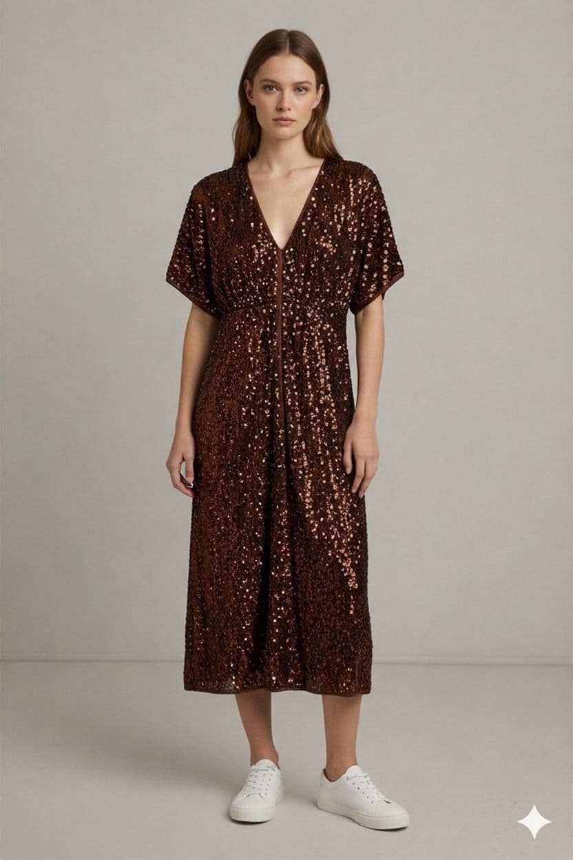 UTERQÜE Copper Sequin V-Neck Maxi Dress - Size M - New with Tags 1