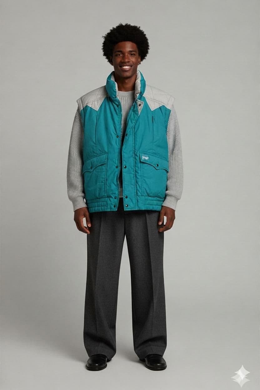 Vintage C&A Teal & Grey Down Ski Vest with Colorful Lining - Size 52 1