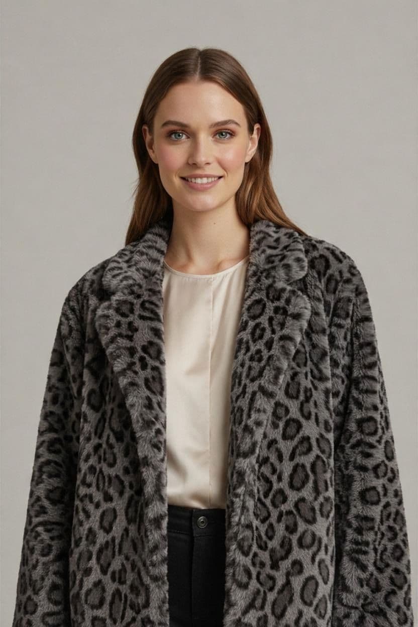 Vintage Apparence Paris Grey Leopard Print Faux Fur Coat 1