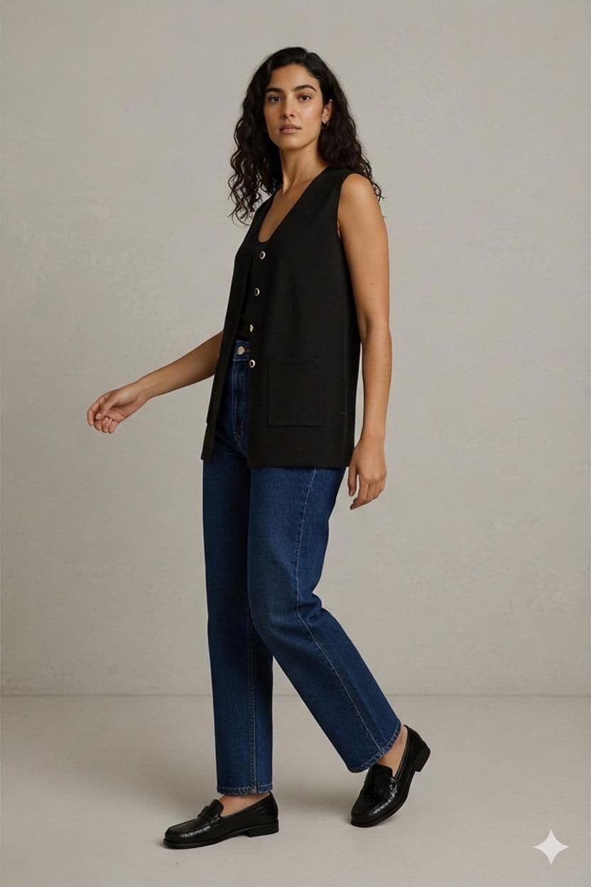 Black Sleeveless Button-Front Vest with Pockets