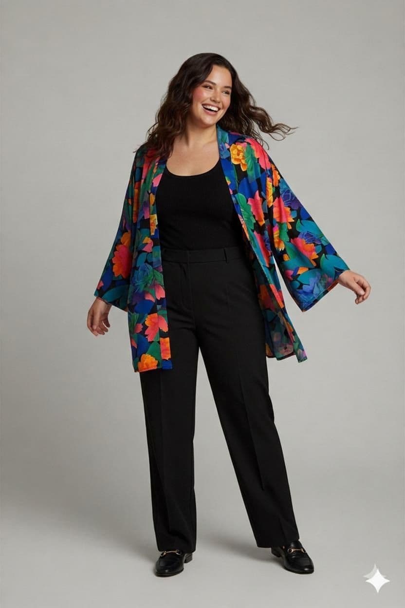 Vintage Kimono-Jacke mit buntem Blumenmuster - Größe 52 1