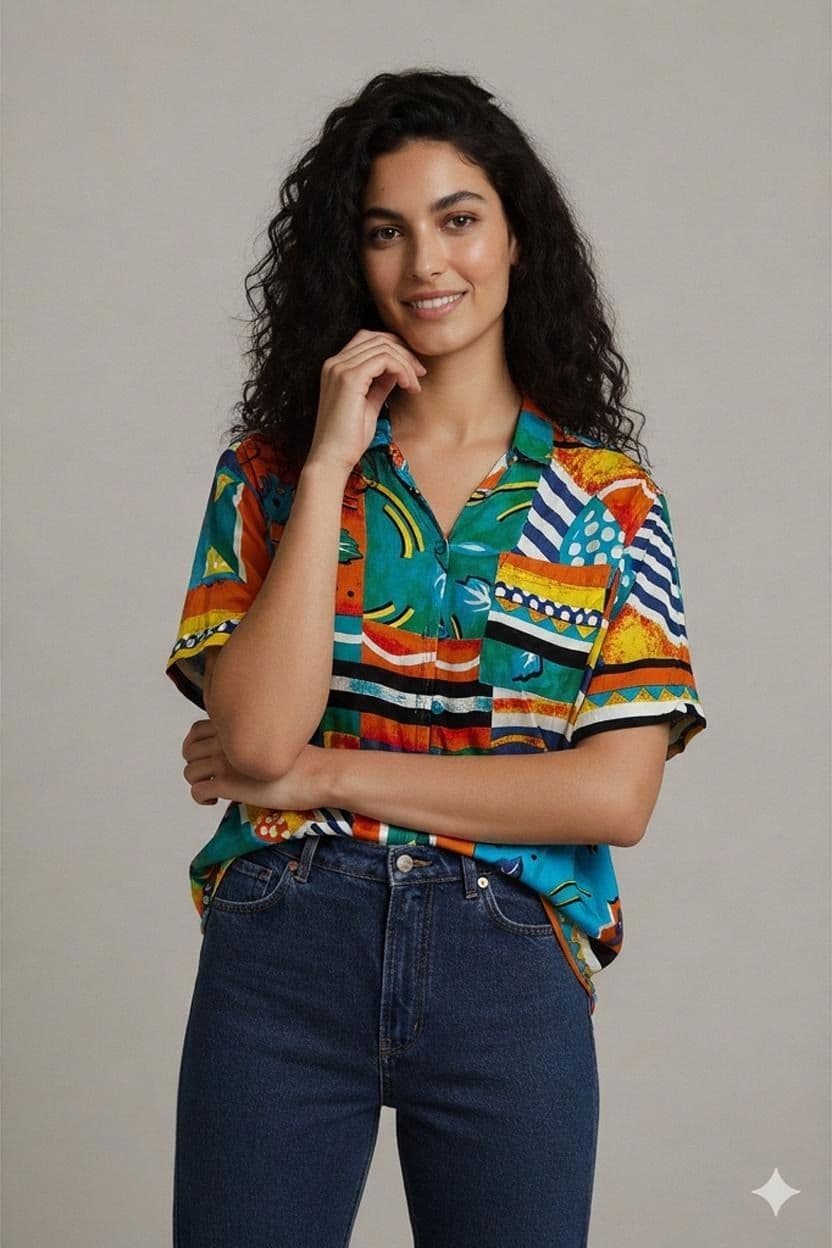 Freestyle Kurzarmhemd mit buntem Vintage-Muster - Größe L 1