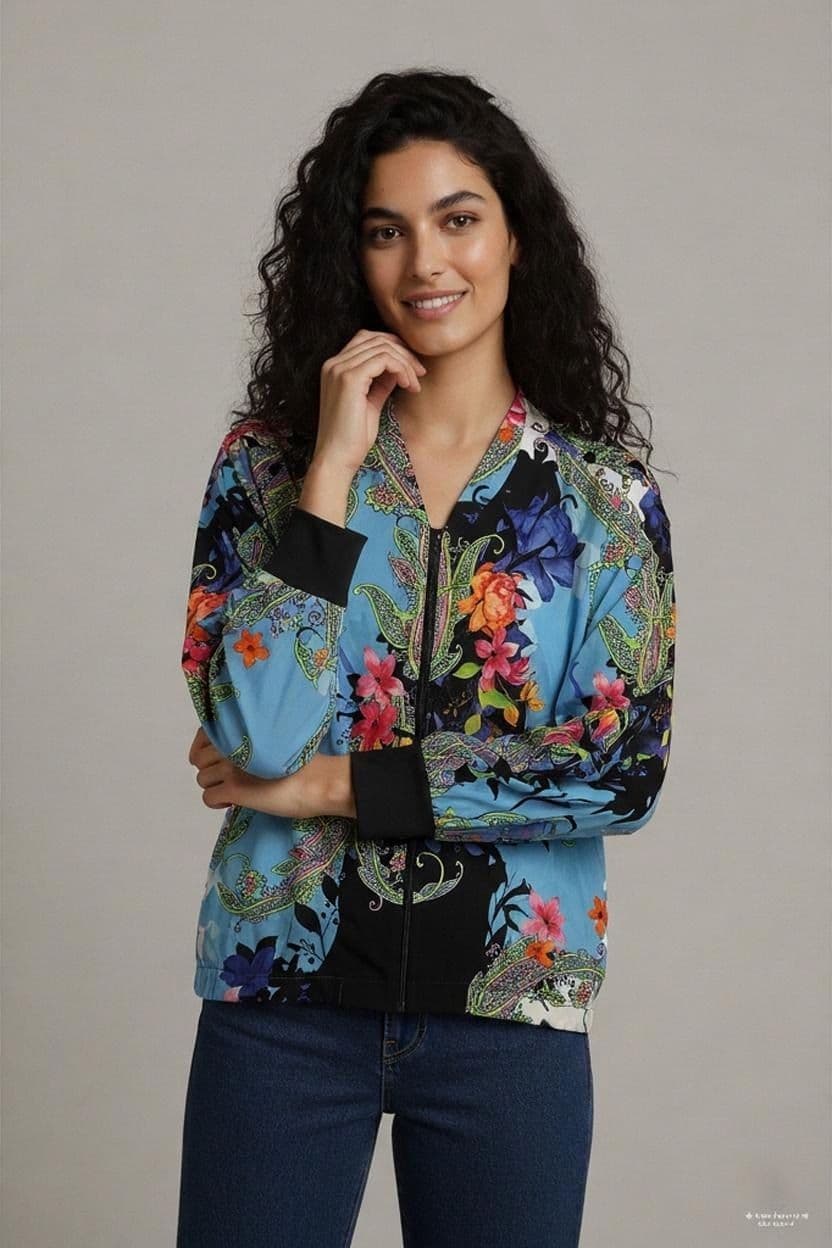 Farbenfrohe Bomberjacke mit Blumen- und Paisley-Muster - Größe 48 1