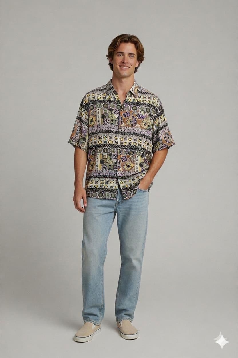 Vintage Henry Morel Kurzarmhemd mit buntem Retro-Muster 1