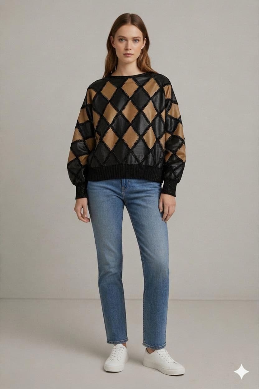 Vintage Leder-Pullover mit Rautenmuster - Schwarz/Beige 1