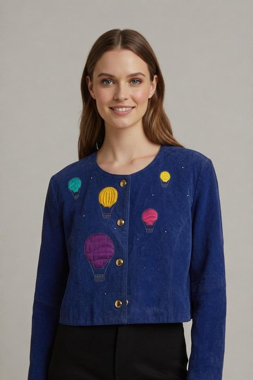 vintage 80s Lederjacke mit Heißluftballon-Stickerei - Blau 1