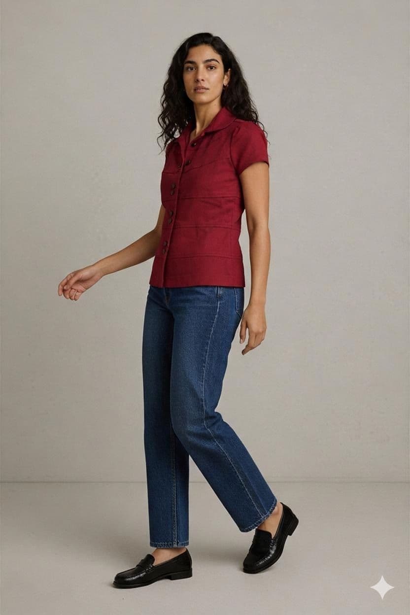 Burgundy Short Sleeve Button-Down Blouse - Size S