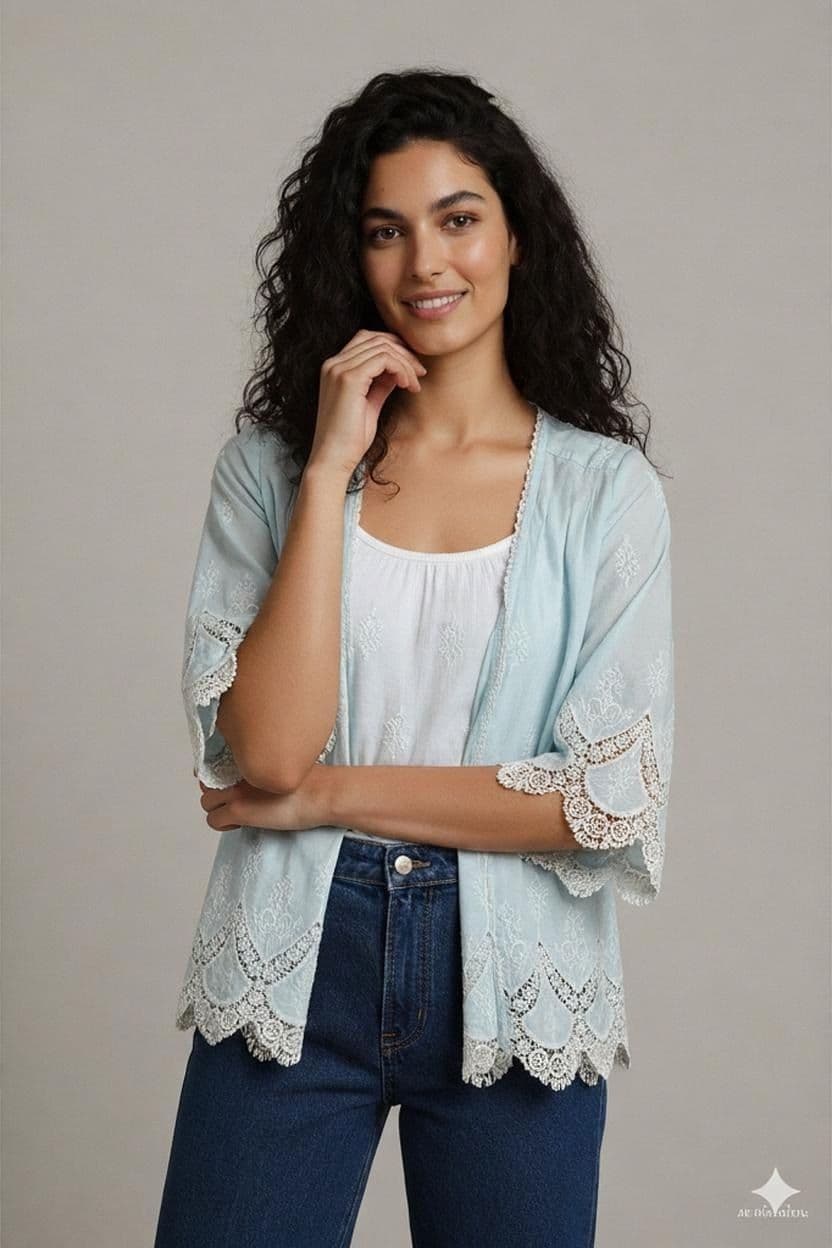 Marks & Spencer Embroidered Mint Blouse with Lace Trim - UK 8 1