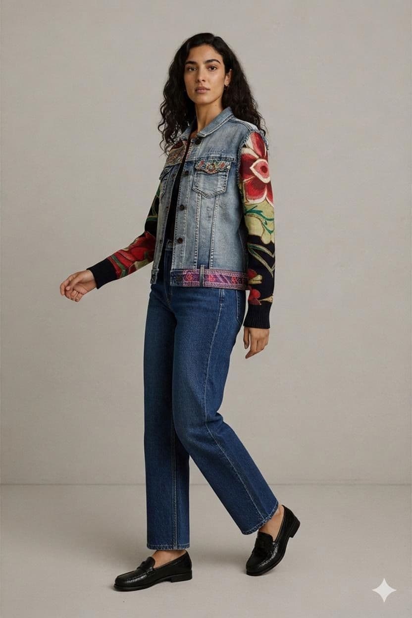 Desigual Embellished Denim Jacket with Floral Knit Sleeves 1