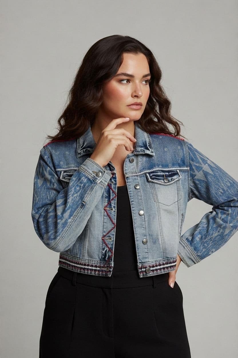 Desigual Embellished Denim Jacket with Geometric Pattern - Size 46 1